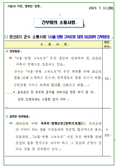 ▲양평군 간부회의 소통사항 서면 자료. ⓒ더불어민주당 경기도당