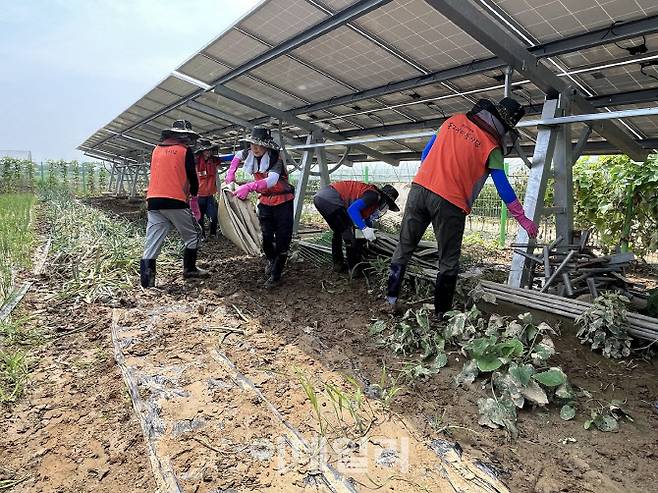 이달 20일 한국타이어 임직원들이 청주시 소재 수해지역 찾아 시설물 철거 및 복구 작업 등의 지원 활동을 펼쳤다.(사진=한국타이어)