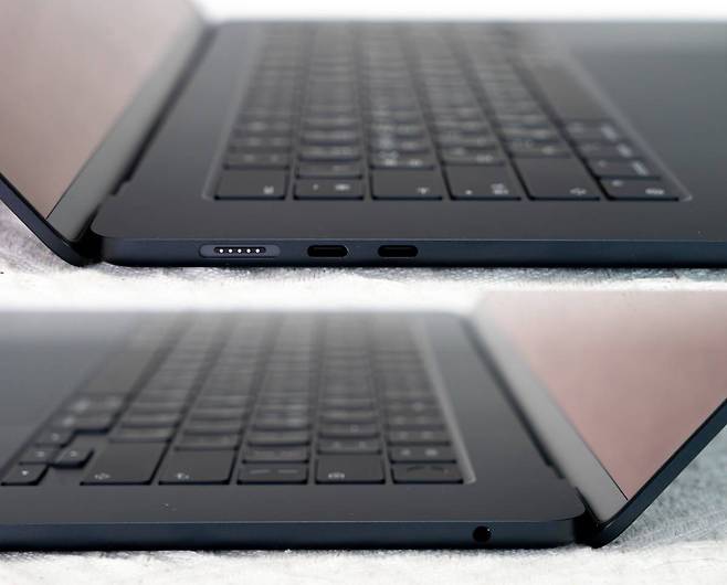 좌측에 맥세이프, 썬더볼트 4 단자 2개, 우측에 오디오 단자가 있다. 출처=IT동아