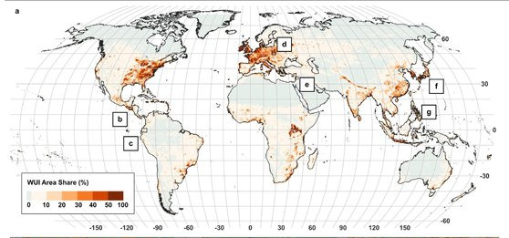전 세계 야생-도시 경계지역(WUI)의 분포. [자료: Nature, 2023]