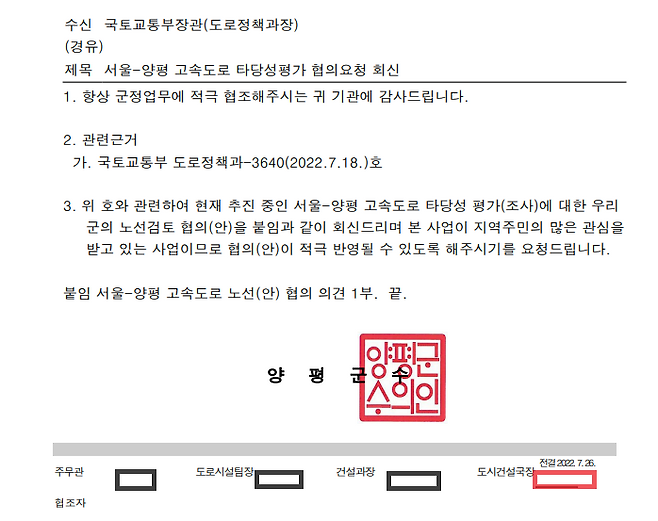 양평군의 ‘서울-양평고속도로 협의 의견 관련’ 국토교통부에 회신한 공문