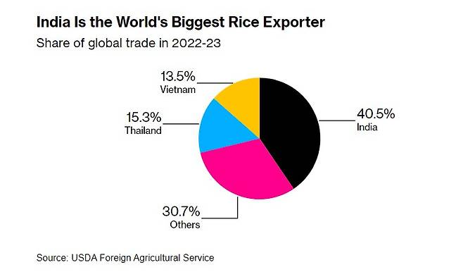 미국 농무부 집계 기준 2022~23년 세계 쌀 수출량 비중 /사진=블룸버그