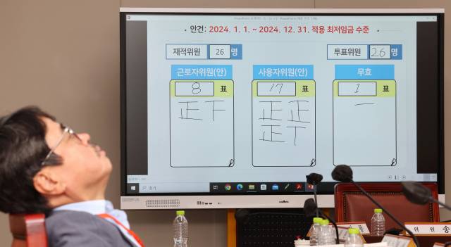 19일 새벽 정부세종청사 최저임금위원회 회의실 모니터에 표결 결과가 게시돼 있다. 연합뉴스