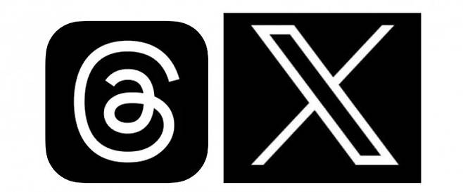 스레드 로고(왼쪽) 및&nbsp;일론 머스크가 선제 공개한&nbsp;트위터&nbsp;새 로고 관련 이미지.