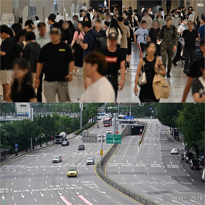 여름 휴가철을 맞아 24일 서울 강서구 김포공항 국내선(위)에서 휴가 떠나는 시민들의 모습과 중구 서울역사거리의 한산한 모습이 대비되어 보인다. 임세준 기자