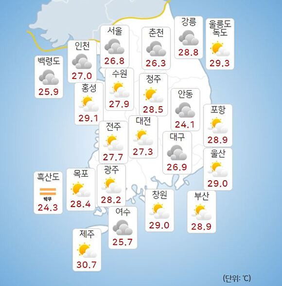 26일 오전 9시 현재 전국 날씨. [사진=기상청 날씨누리]