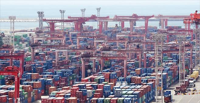 25일 부산항 신선대부두에 컨테이너가 쌓여 있다. 수출보다 수입이 더 큰 폭으로 감소하면서 올 2분기 경제성장률은 전 분기 대비 0.6%를 기록했다. 뉴스1