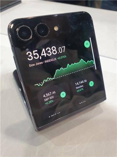 갤럭시 Z플립5를 접어 외부 화면으로 주식차트를 실행한 모습 [촬영 조성미]