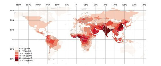 국가별 초미세먼지 연평균 오염도. [자료: Nature Communications, 2023]