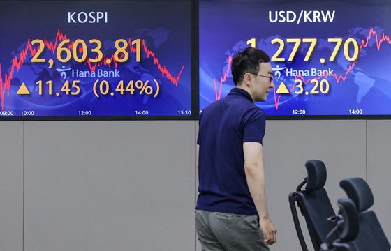 Screens in Hana Bank's trading room in central Seoul show the Kospi closing at 2,603.81 points on Thursday, up 0.44 percent, or 11.45 points, from the previous trading session. [YONHAP]