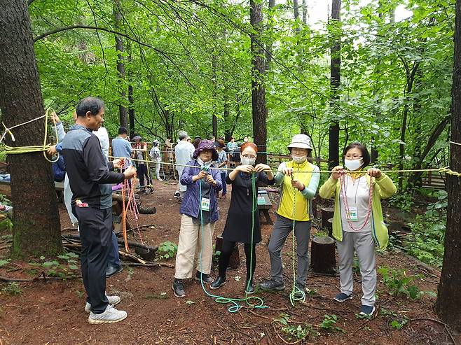 국립횡성숲체원에서 교육생들이 숲밧줄놀이를 체험하고 있다. 산림청