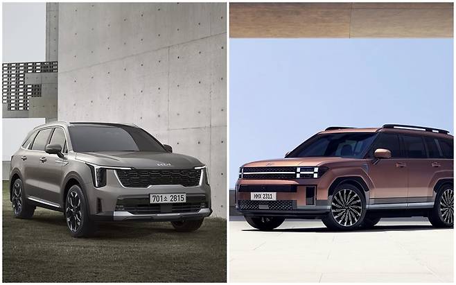 기아 ‘더 뉴 쏘렌토’(왼쪽), 현대차 ‘디 올 뉴 싼타페’ 외관. [현대차·기아 제공]