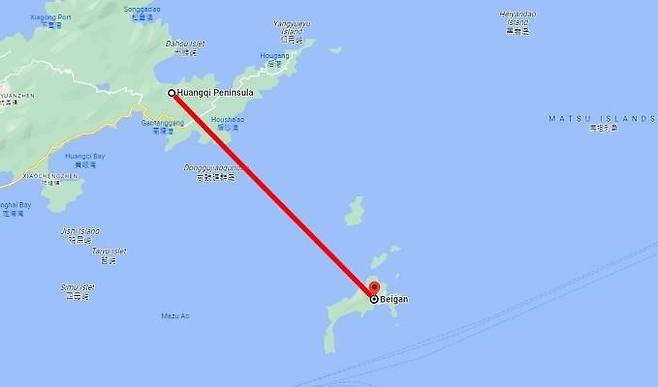 중국 푸젠성 황치반도에서 대만 외곽섬 베이간다오까지 거리를 표시하는 구글 지도 [구글지도 캡처, 재판매 및 DB 금지]
