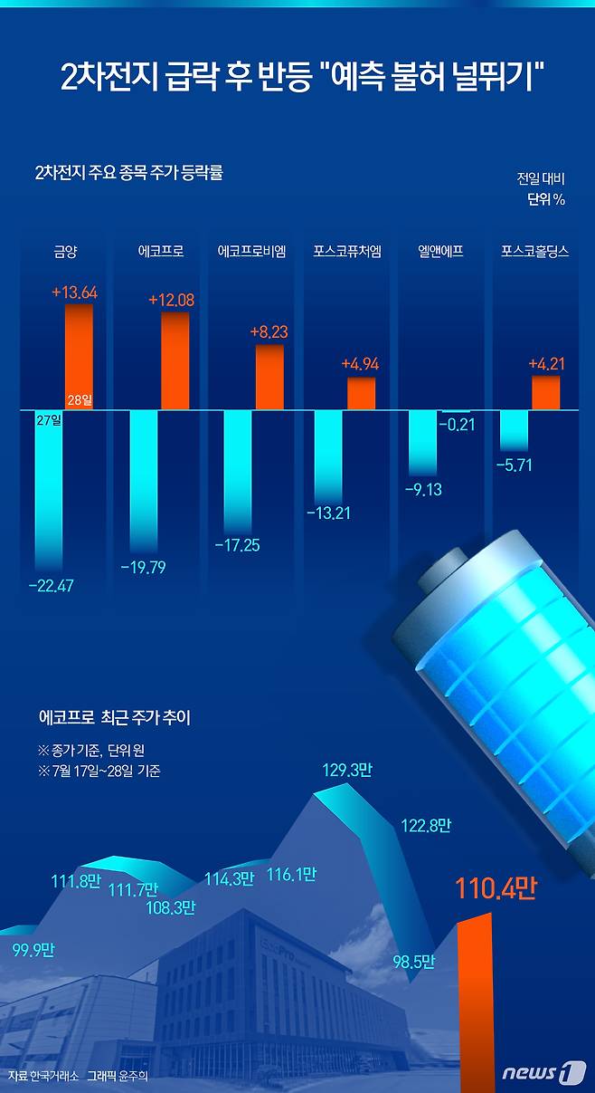 이차전지(2차전지) 관련 종목들이 사상 최고가와 급락을 주고받으며 혼돈의 1주일을 마무리했다. 막판엔 개인투자자들의 매수세가 유입되며 반등세를 보였는데, 이번 반등이 '개미 대반격'의 서막일지, '데스캣 바운스'라 불리는 최후의 발악일지 초미의 관심이 집중되고 있다. ⓒ News1 윤주희 디자이너