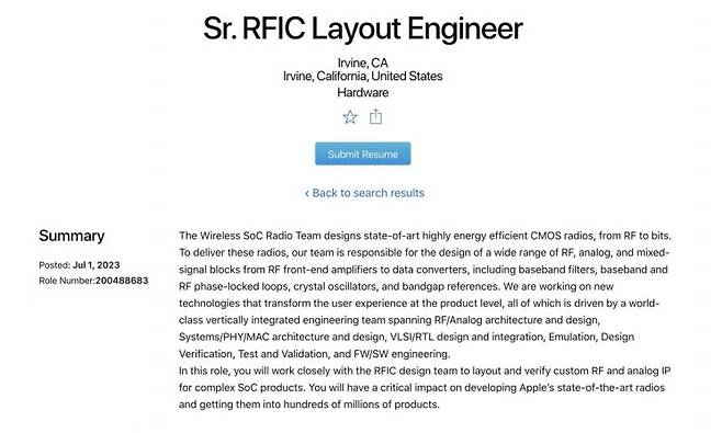애플은 미 캘리포니아주 어바인 지역에서 무선 모뎀 관련 인력을 충원하고 있다. 사진=애플홈페이지