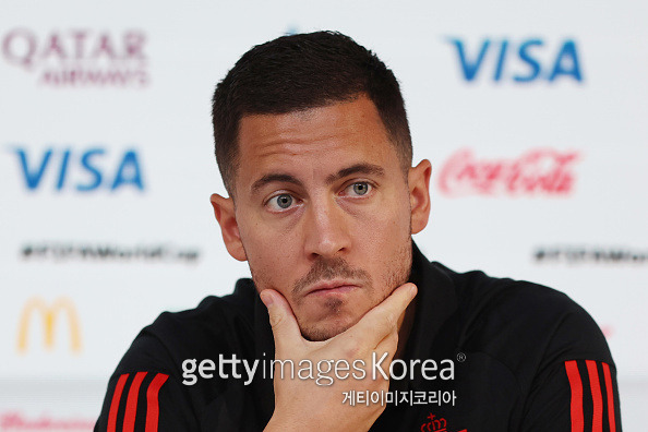 DOHA, QATAR - NOVEMBER 26: Eden Hazard of Belgium reacts during the Belgium Press Conference at the Main Media Center on November 26, 2022 in Doha, Qatar. (Photo by Mohamed Farag/Getty Images)