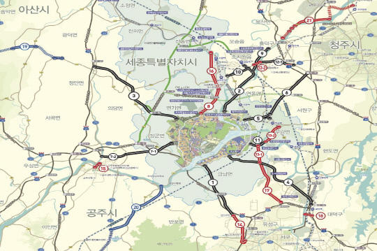 행복도시 주변 광역도로 건설 현황. 모두 21곳의 도로 및 교량 등 건설공사가 완료됐거나 진행 중이다. 사진=행복청 홈페이지