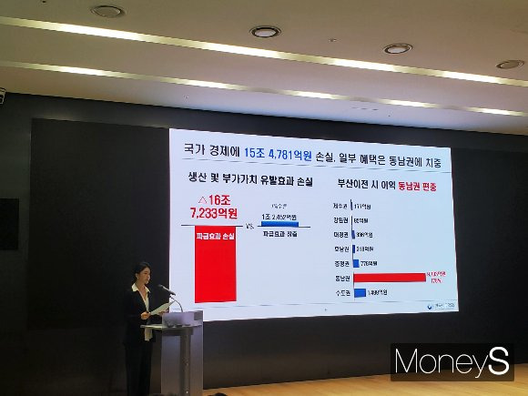 김이나 한국재무학회 책임연구원이 31일 서울 영등포구 산업은행에서 열린 '산업은행 부산 이전 타당성 검토 연구용역 결과 발표회'에서 KDB산업은행 부산 이전 시 재무적 파급효과 산출에 대한 발표를 하고 있다./사진=머니S