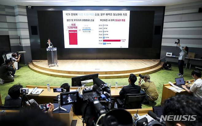 [서울=뉴시스] 정병혁 기자 = 김이나 한국재무학회 책임연구원이 31일 서울 영등포구 산업은행에서 열린 산업은행 이전 타당성 검토 연구용역 결과 발표회에서  KDB산업은행 부산 이전 시 재무적 파급효과 산출에 대한 발표를 하고 있다. 2023.07.31. jhope@newsis.com