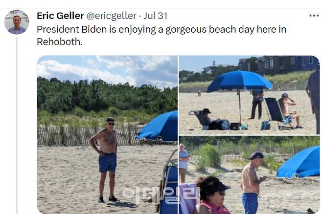 조 바이든 미국 대통령이 델라웨어주 러호버스 해변에서 에서 상의를 탈의한 채 휴가를 즐기는 모습이 포스팅 된 트위터 게시물(사진=에릭 겔러 트위터 갈무리)