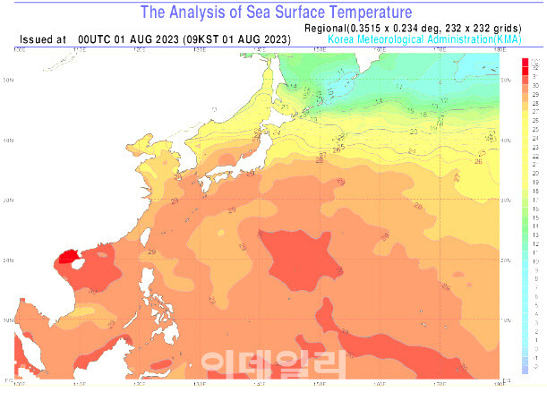 8월 1일 오전 9시 기준 해수면 온도 현황(이미지=기상청 제공)