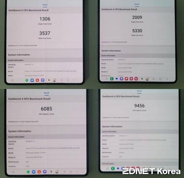폴드4(왼쪽)와 폴드5 CPU 벤치마크(위쪽)와 GPU 벤치마크 (사진=지디넷코리아)