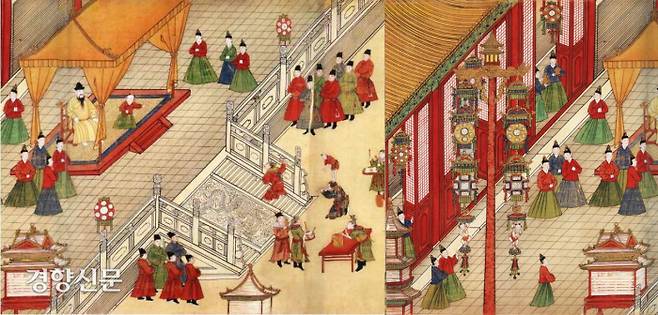 15세기 중국의 궁중에서 유행한 조선의 패션 ‘마미군’의 모습이 잘 나타난 ‘명헌종원소행락도’. 말총으로 만든 빳빳한 속치마를 입으면 겉치마가 우산처럼 펼쳐진다. 사람들은 각자의 체형과 취향에 따라 마미군을 하나, 또는 2~3개씩 받쳐입었다.|출처:Wikimedia Commons·구도영 동북아역사재단 연구위원의 설명