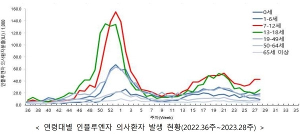 올 여름철 인플루엔자의 유행이 꺾이지 않는 양상을 보이고 있으며 학생 연령층에서 주로 발생하고 있다.(출처=질병관리청)