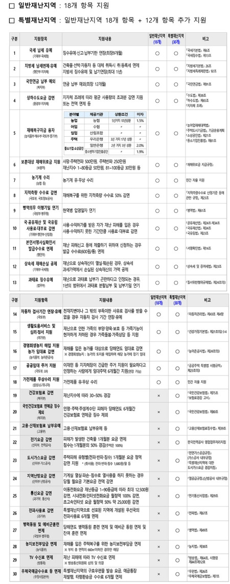 자연재난 피해 지원 항목 및 기준.(출처=행정안전부)