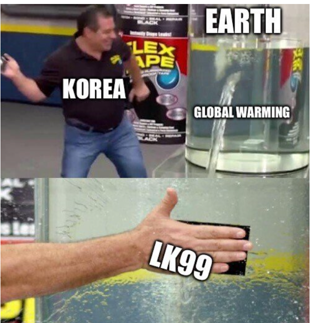 국내 연구진이 개발한 상온·상압 초전도체(LK99)가 지구 온난화 문제를 해결할 것이라는 내용의 해외 온라인 커뮤니티 밈. 온라인 커뮤니티 캡처