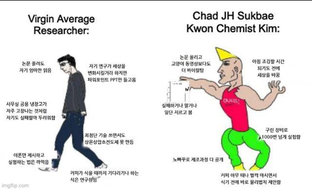 국내 연구진이 세계 최초로 초전도체를 개발했다는 소식에 해외에서 기존 연구진과 국내 연구진을 비교한 밈. 온라인 커뮤니티 캡처