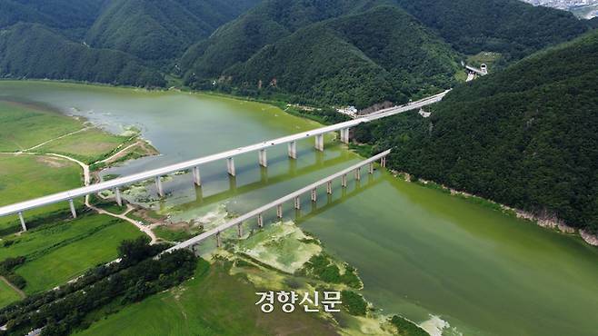 연일 폭염이 계속된 2일 강원도 인제군 소양호 상류에 녹조가 넓게 퍼져 있다. 인제|조태형 기자