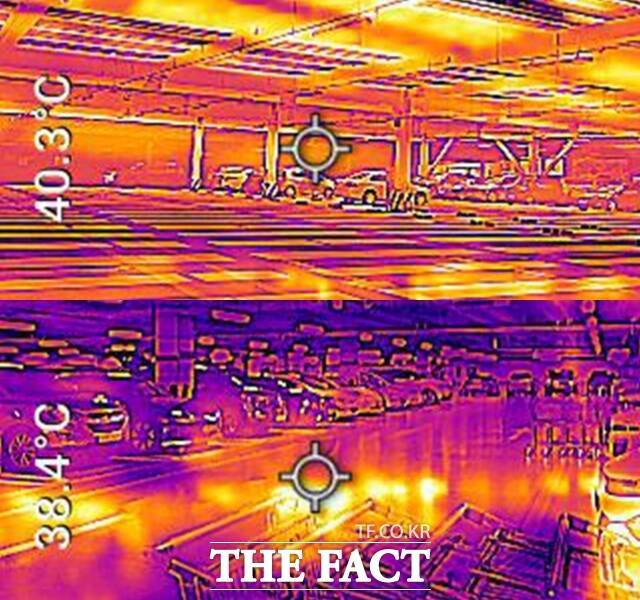 1일 경기도 하남시 코스트코 하남점 주차장 내부를 열화상 카메라로 측정했다. 이날은 평일이라 차량이 많지 않고, 가장 무더운 시간대가 아니었는데도 불구하고 주차장 곳곳의 온도가 40도를 넘었다. /이새롬 기자
