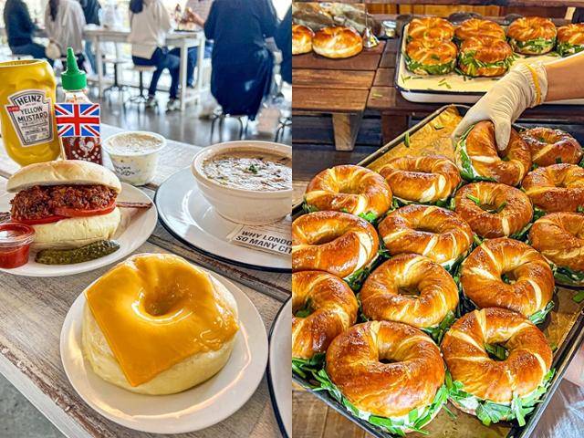 베이글 맛집 '런던 베이글 뮤지엄'에서 판매되는 다양한 베이글. 왼쪽 상단의 베이컨 감자 샌드위치와 감자 치즈 베이글(왼쪽 사진), 쪽파 프레첼 베이글(오른쪽 사진)의 모습이다. 롯데백화점 제공