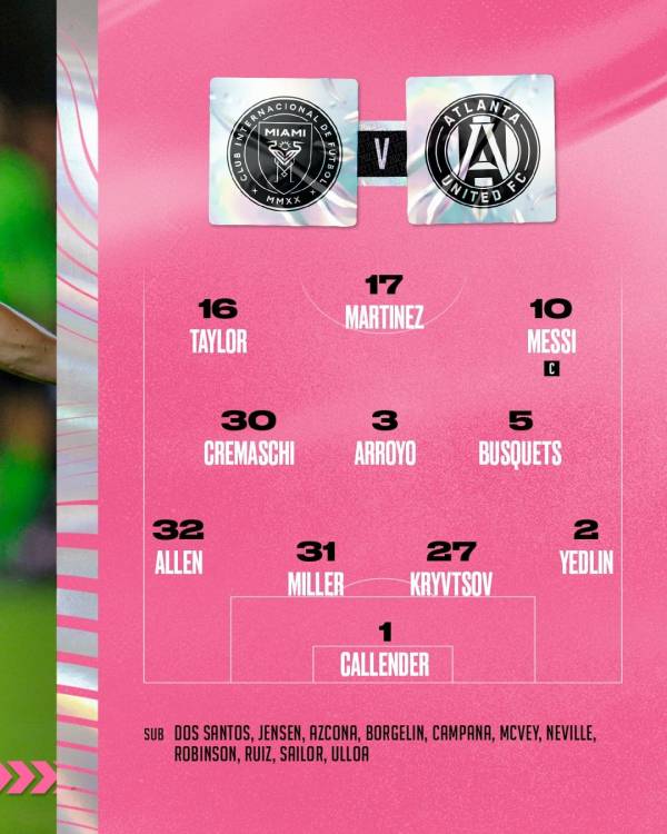 26일 DRV PNK 스타디움에서 열린 애틀란타 유나이티드와의 2023 리그스컵 조별리그 2차전에 나선 인터 마이애미의 선발 명단. 이날 메시는 세르히오 부스케츠와 나란히 선발 명단에 이름을 올리며 맹활약했다. 사진=인터 마이애미 SNS