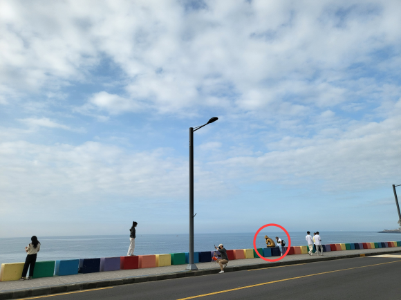 제주시 도두동 무지개해안도로 방호벽 위에 턱을 괴고 고기잡는 낚시꾼 조각상이 멀리서도 한눈에 바라보인다. 제주 강동삼 기자