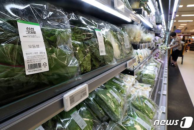 집중 호우에 상추 등 일부 시설채소 가격이 강세를 보이고 있는 2일 서울의 한 대형마트에서 고객이 상추를 비롯한 쌈, 샐러드 등을 살펴보고 있다.  2023.8.2/뉴스1 ⓒ News1 이동해 기자