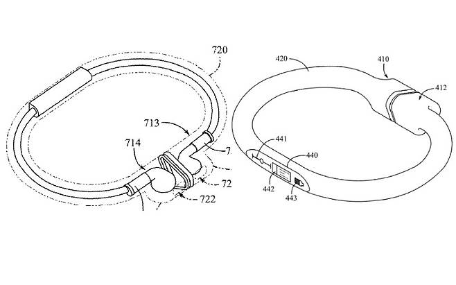 애플이 특허 출원한 무선 이어폰 ‘에어팟’ 충전 기기. 에어팟을 넣은 U자형 끈을 동그랗게 말아 손목에 차는 팔찌 형태다. 오른쪽 이미지는 충전 기기에 디스플레이가 탑재돼 배터리 충전 수준과 재생목록까지 볼 수 있음을 시사했다. [미국특허청]