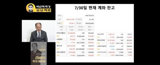 박순혁 전 금양 홍보이사가 유튜브 채널에서 주식 계좌 잔고를 공개하고 있다. 유튜브 '웅달책방' 화면 갈무리.