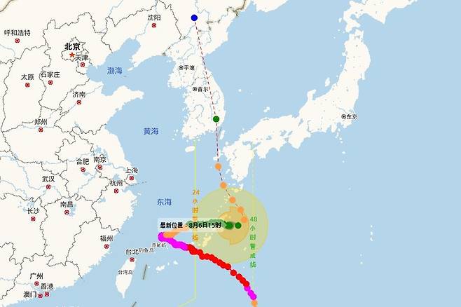 중국 중앙기상대가 6일 오후 3시 발표한 카눈 예상 경로. [중국 중앙기상대 홈페이지 갈무리. 재판매 및 DB 금지]