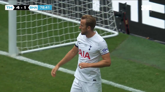 Tottenham Hotspur's Harry Kane celebrates scoring a goal during a preseason game against Shakhtar Donetsk at Tottenham Hotspur Stadium in London on Sunday. [ONE FOOTBALL]