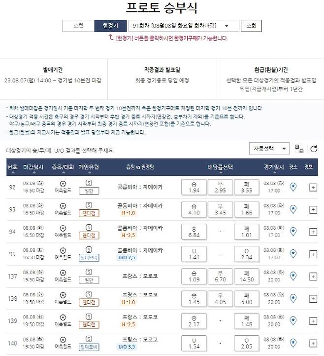 프로토 승부식 91회차 여자축구 월드컵 16강전 대상 한경기구매 게임일정