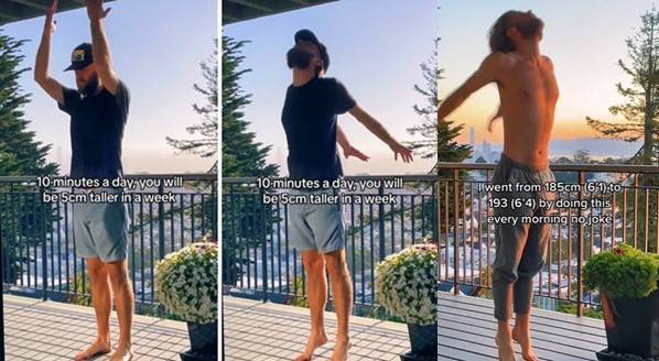 매일 키 크는 동작으로 8cm까지 컸다고 주장하는 유튜버 영상 캡처. 전문가들은 이 동작이 실제로 키를 크게 하진 않는다고 단언한다. 성장판이 닫힌 성인은 키가 더이상 클 수 없기 때문이다. [사진=TikTok/@yogawithmax ]