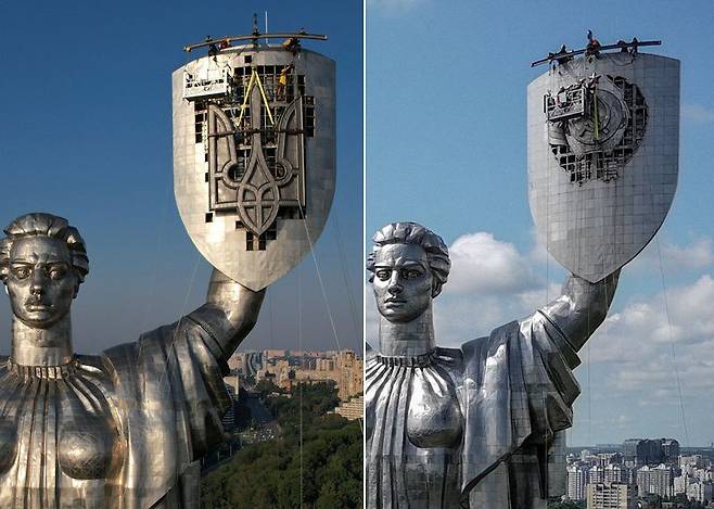 우크라이나 키이우 마더랜드 동상 방패 문양을 삼지창으로 교체한 후의 모습(왼쪽)과 바꾸기 전의 모습. 로이터·EPA 연합뉴스