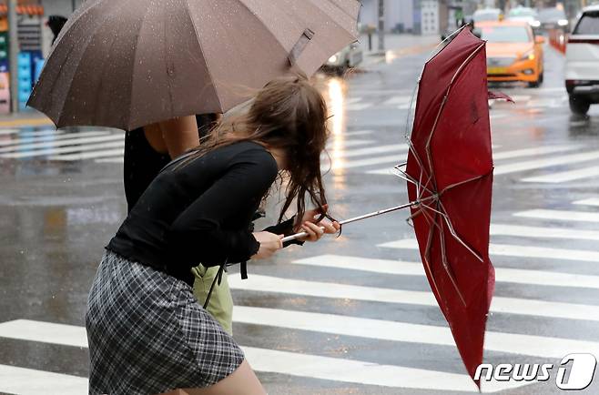 제6호 태풍 카눈의 직접 영향권에 들어선 10일 오전 서울 종로에서 시민이 든 우산이 강풍에 뒤집히고 있다. 2023.8.10/뉴스1 ⓒ News1 장수영 기자