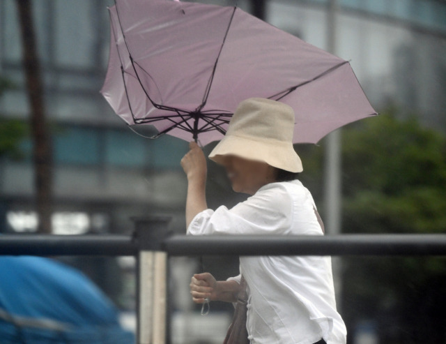 제6호 태풍 '카눈'이 한반도에 상륙한 10일 서울 서대문역 사거리에서 한 시민이 우산을 꽉 붙잡고 있다. 성형주 기자