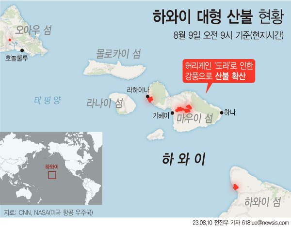 하와이 본섬과 마우이 섬 등 2개 카운티에서 허리케인 도라의 강풍으로 산불이 크게 번지면서 9일(현지시간) 주 비상사태가 선포되었다고 CNN, AP통신 등 미국 매체들이 보도했다. /사진=뉴시스