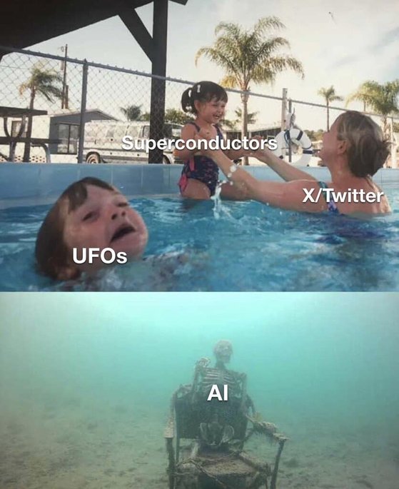 소셜미디어 X(옛 트위터)에서 초전도체(superconductors)가 뜨고 미확인비행물체(UFO)와 인공지능(AI)은 가라앉는다는 밈. 사진 온라인 커뮤니티