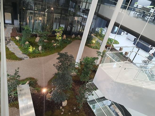 엑셈 5층에서 바라본 '데이터 포레스트'. 4층에 자리잡은 이곳은 제주도 돌과 식물을 그대로 가져왔다. 윤현주 기자