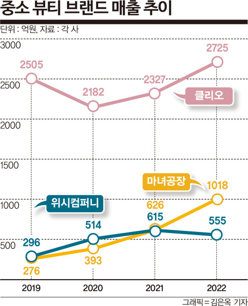 클리오, 마녀공장, 위시컴퍼니의 매출 추이. /그래픽=김은옥 기자